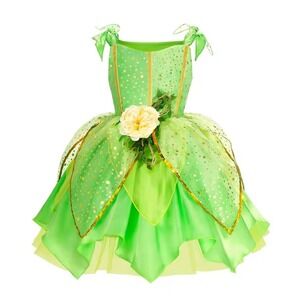 MUABABY Kids Tinker Bell Fairy Costume Set Dress Wand Floral Headband Green Gold